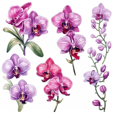 In the midst of your design journey, it's time to create eye-catching orchid clipart that will add a touch of sophistication to the corners of invitations. Your task is to develop a versatile orchid clipart design, isolated on a clear white background. Consider the lines, shapes, and intricate details that make orchids unique. Embrace your artistic style, whether it's whimsical, realistic, or minimalist, and create a set of clipart elements that capture the essence of these enchanting flowers. S