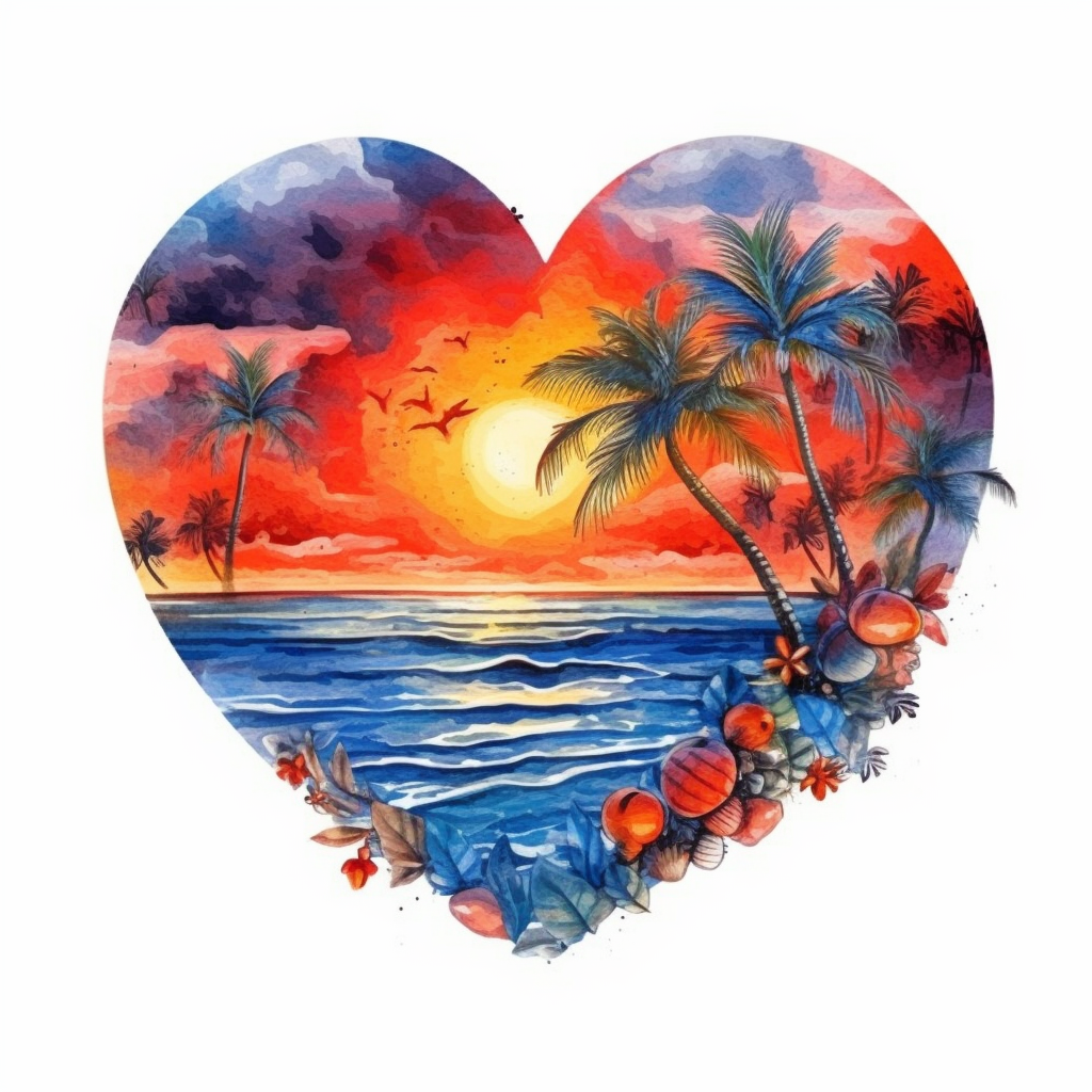 Watercolor Beach Sunsets Background, spiral heart shape (full shape ...