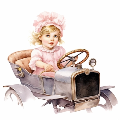 Watercolor Victorian baby girl in driving a pink ford t car from the era clipart , on a white background, Illustration clipart, 4K, extremely detailed