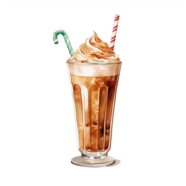 watercolor clipart of a coffee frappe in a tall elegant glass, colorful straw and drink umbrella, high details, white background