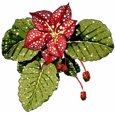 Clipart, Polka Dot Begonia's, Plantae, Tracheophytes Raddi, is a tropical plant native to southeast Brazil. It has green oblong leaves in shaped of angel wing, in a vibrant olive green color, deep red purple undersides of leaves and polka dot finishes on top. It has silver spots on its surface and a crimson reddish underside
