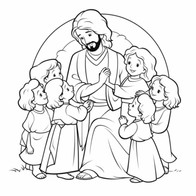 Jesus with children , b&w lineart, minimalist style, white background, full body, picture, coloring book style on white background, well composed, clean coloring book page, No dither, no gradient, strong outline, No fill, No solids, vector illustration, clipart, simple, cartoon –ar 9:11 –v 5