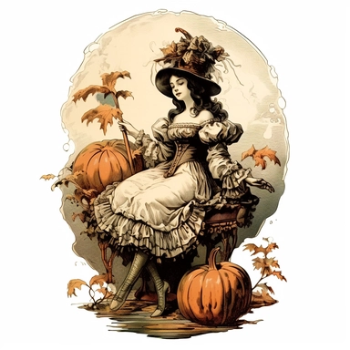 Victorian vintage, haloween, clipart, white background, in medium of conté