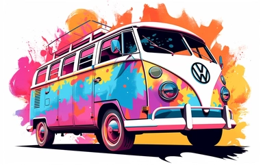 clip art of a VW bus decorated 60's style in synthwave style colourfull multicolour ultra details white background