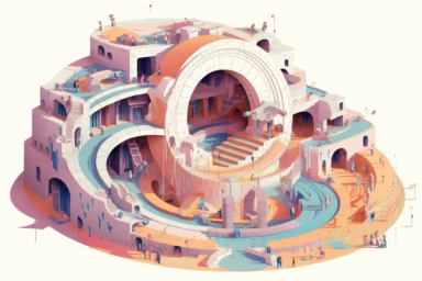 a close up of a infinite loop open pit mine on a white background, james gilleard and james jean, escher, trending on artisation, connectedness, scutoid, mit technology review, by Sam Spratt, dan mcpharlin : : ornate, wormholes, tetris, monolithic, stylized stl, clipart icon, simple 4 colors from gray to metalic blue, vector-based, sharp border, plane color and very define, high quality, digital art, 8k resolution, masterpiece, congruent, amazing, incredible, awe-inspiring, mind-blowing, masterf