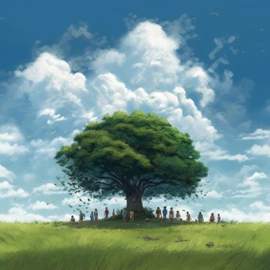 There is a beautiful green field with tall grass waving gently in the breeze. The sky above is a deep blue, dotted with fluffy white clouds. In the center of the field, there is a large tree with a wide, spreading canopy. The tree is surrounded by a group of people, all of whom are smiling and looking up at the tree with joy and wonder in their eyes. The tree itself is covered in small, brightly colored lights, which twinkle and sparkle in the sunlight. At the base of the tree, there is a pile o