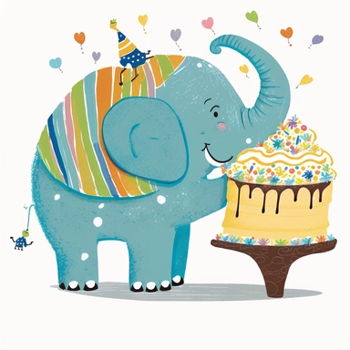 clipart, beautiful smiling,Elephant,with birthday cake, Usborne and Eric Carle,