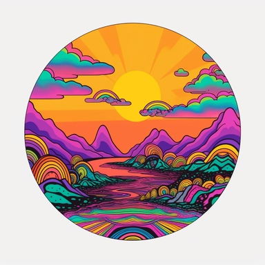 psychedelic clip art, badge shape, sunset at each