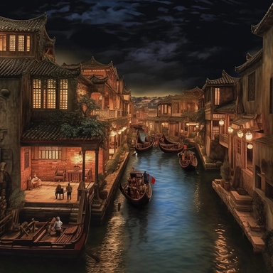 As you step into this immersive space, you find yourself surrounded by a dimly lit environment. The wall showcases a massive ancient painting depicting the magnificent scenery of the Grand Canal, nestled within a charming Chinese village. The clear flowing river winds its way through the painting, flanked by tranquil villages and ancient bridges. The distant sky casts a faint glow of moonlight, adding an ethereal touch to the scene. The lighting effects in the surrounding area begin to create a 
