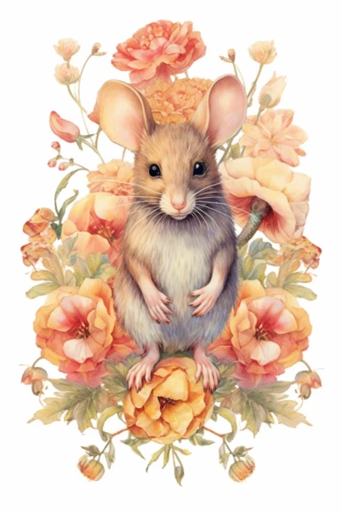 Chromolithography, vintage watercolor mouse floral clipart, nursery art, little mouse, mouse art, kids wall art, baby animal prints, isolated on white background, intricate details, hdr, 8k