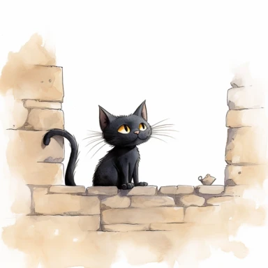 back high level view, cute black cat waiting before mouse whole in wall, illustration, white background, clipart, nursery illustration, illustration for children