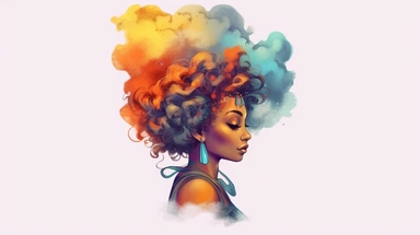 An enchanting clipart showcasing a stylish African American girl with a textured hairstyle, dressed in trendy and whimsical attire, placed against a high-resolution and grey background, presented in the form of a vibrant watercolor art piece,