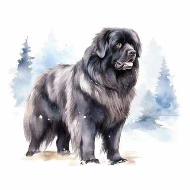 A majestic Newfoundland Dog standing tall amidst a snowy landscape, its powerful frame and fluffy fur contrasting against the wintry backdrop, with a white background and watercolor clipart.