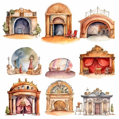 watercolor 1910s 1920s 1930s 1940s theatre stage, illustrations clipart set, simple, , cartoon elements ,different variants ,shows,separate elements with a margin