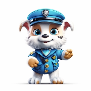 Adorable cute fantasy baby dog dressed like police standing in dynamic pose,front view,fullbody,sharp through out,happy expression, nursery art, clipart image, lineart image, white background, very detailed, 8k, composition wide shot