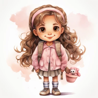 Back to school Watercolor Clipart, A cute happy school girl with backpack, full body, pink themed , single object, highly detailed, hand drawn watercolor illustration ,png transparent background, white background for removing background - - no text shadow font watermark