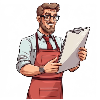 A clipart illustration of a butcher wearing glasses and speaking, providing important information. He is holding a clipboard in his hand.