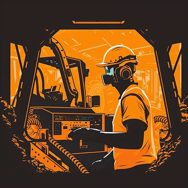 excavator cockpit, worker wearing vr headset, poster, simplistic, abstract, vector, 2d illustration, clipart, few colors