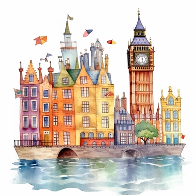 Very very cute and Whimsical quirky houses, London, Big Ben, Thames River, rainy day, Watercolored illustration in the style of Michael Powell, clipart, white background