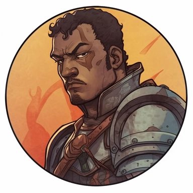 A Dungeons & Dragons character portrait circular tondo depicting a dark-skinned desert onsen knight, Craig Mullins Ashley Wood Bernard Buffet Josh Kirby, Mad Max Lord of the Rings Discworld, handpainted punk zine indie retrowave, clipart illustration, circular solid background circular border