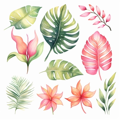 Tropical Watercolor Clipart, Tropical Leaves Flowers, Green leafs, Palm Leaf, pink tone, on the white background