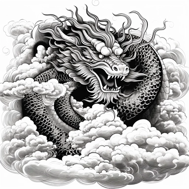 black and white dragon in a cloud with clouds design clipart, in the style of meticulous linework precision, elaborate kimono, joong keun lee, thick texture, ornate complexity, hand-coloring, intricate storytelling, clipart cut file cuttable cricut vector, white background