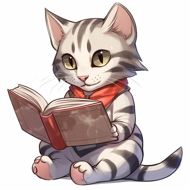 anime gray tabby cat reading a book clipart, white background