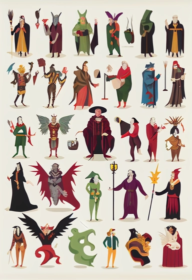 full-body minimalistic vector illustrations of swindlers, monks, demons, mythological characters, disguised people, magicians, fools, lunatics, soldiers, priests, devils, fauns, angels, jugglers, cops, clowns, madmen. Bizarre, whimsical, random, victorian, theatrical, funny, stylish. Colorful clipart collection, white background