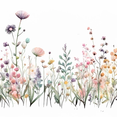 pastel color high resolution many field blossoms and flowers, floral bottom low border, watercolor clipart, white background