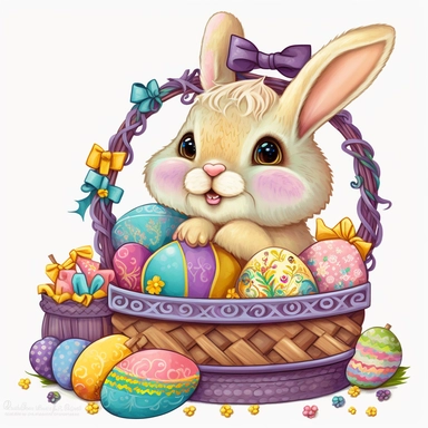 clipart. In this image, we see a delightful and charming Easter Bunny, depicted in an acrylic painted clipart style. The bunny is holding a colorful Easter basket, filled with eggs and other goodies, and is shown smiling happily. in a gothic oriental fantasy style. soft pink yellow purple and golden cheerful colors. white background. in the center of the image