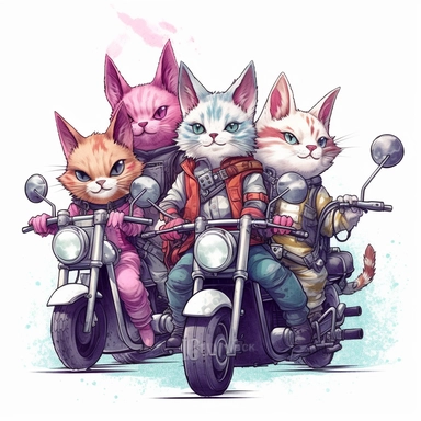 Create a clipart of a group of cute cats riding motorcycles together, perhaps forming a motorcycle gang. Low detail. White background, soft lighting. In the style of Bob Ross