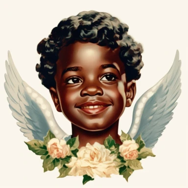 Vintage 1920 Portrait Shot View Of a Happy black child head with Angel Wings Behind it Illustration , in the style of late 19th century, Chromolithograph, 1920s Illustration, Vintage, Chromolithograph, Colorful, Antique, Ephemera, Clipart, 8k, Isolated on white
