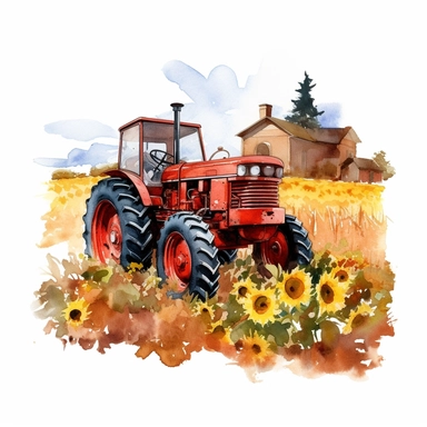 a watercolor of a tractor with sunflowers, cherry academy style, cherry red nuances, vector free clipart illustration, in the style of unreal engine 5, 32k uhd, detailed features, white background