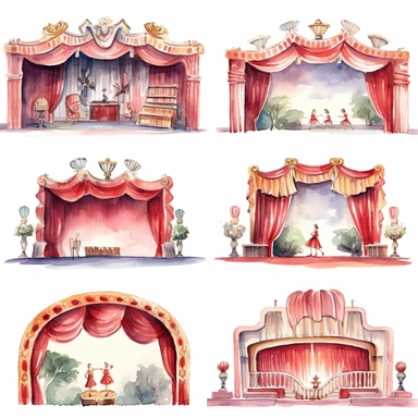 watercolor 1910s 1920s 1930s 1940s theatre stage, illustrations clipart set, simple, , cartoon elements ,different variants ,shows,separate elements with a margin