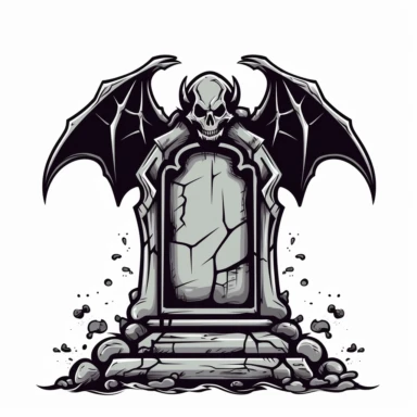 A scary looking tombstone for halloween with a large bat on top of it, white background, single design, clipart, vector style graphics, sharp lines