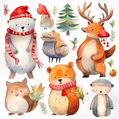 Create a set of watercolor clipart images with a whimsical Christmas theme. Include elements such as cute animals in festive costumes, playful elves, and magical Christmas scenes. The images should have a playful, lighthearted feel with clear lines and bright, cheerful colors. The clipart should be perfect for use in children's holiday crafts and other whimsical projects.