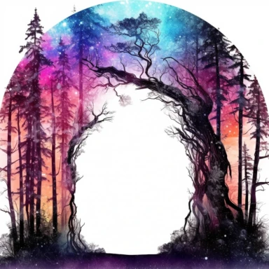 discopunk rustic archway leading to magical forest, swirling color with tiny stars in the background, northern lights, isolated on white background, clipart, highly detailed