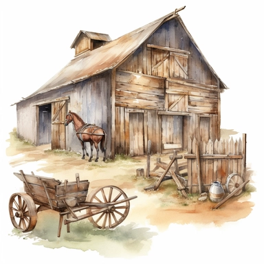 watercolor clipart ranch and barn, cowboy working, hay, gun. all separate elements. also generate private land entry doors from western texas. all high resolution and on white background