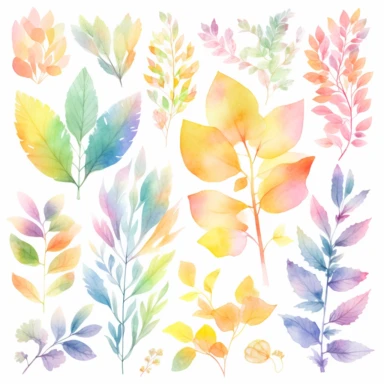 soft colorful neon pastel colored leaves and flowers clipart set, colorful fairy pastel colors watercolor style, plain white background, use of fabric, intricate depth of shading in soft watercolor style, watercolor--v 4