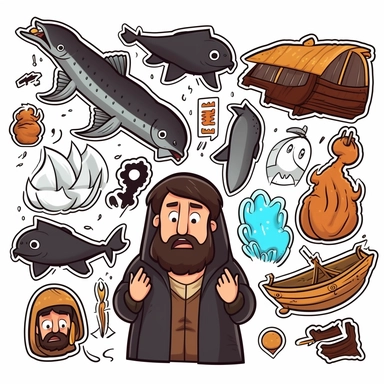 jonah and the whale from the bible. set of icons stickers. buttons. cartoon art. vector. high contrast. clip art. icon. sticker. white background.