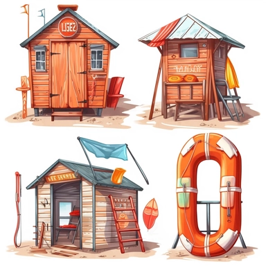 atercolor beach lifesaver and lifeguard huts , illustrations clipart set, simple, , cartoon elements ,different variants , separate elements with a margin, wooden and plastic elements elemets, helicopter, lifesaver boat, jetski ,4k, high resolution