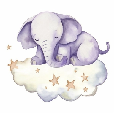 Cute sleeping baby elephant, watercolor handpainted clipart as seen on Etsy. Cartoonish appearance with exaggerated body proportions, but anatomically correct limb positions and number. Perfect for decorating a baby's nursery. Bright pastel watercolors, l