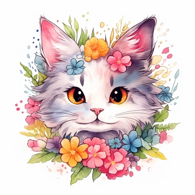 a clip art of a cute kawaii cat face surrounded by wild flowers watercolored