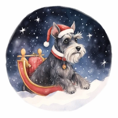 A festive holiday-themed painting featuring a Miniature Schnauzer dressed as Santa Claus, pulling a tiny sleigh filled with gifts through a snowy landscape, with twinkling stars and a full moon in the night sky, capturing the joy and magic of the holiday season, white background and watercolor clipart.