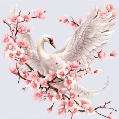 swan flying over a flower, pink cherry blossoms, on a white background png clipart, in the style of chinese painting, birds-eye-view, islamic calligraphy, flickr, tangled nests, uhd image, mural painting