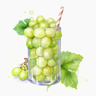 An Green Grapes fruit with a straw inserted, as if ready to be juiced or drink , Watercolor, pastels, clipart, beautiful, colourfull, png transparent white background, high resolution, no caption q4 s2