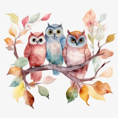 watercolor multiple owls on a tree branch, clipart