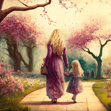 beautiful young pregnant mother with long beautiful blonde hair, toddler daughter with long beautiful hair holding hands walking in park, flowering trees, path lined with benches, highly detailed, realistic, fantasy, ethereal, soft colors, sharp focus, clipart style, fix dress