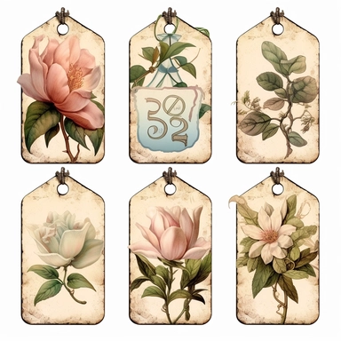 victorian number tags, clipart, isolated, with boquet of magnolia flower and delicate vines