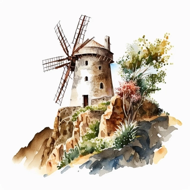 windmill on cliff watercolor,all white background, clipart